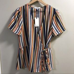Ro & De Multi-Stripe Peplum Wrap Blouse – Size S
